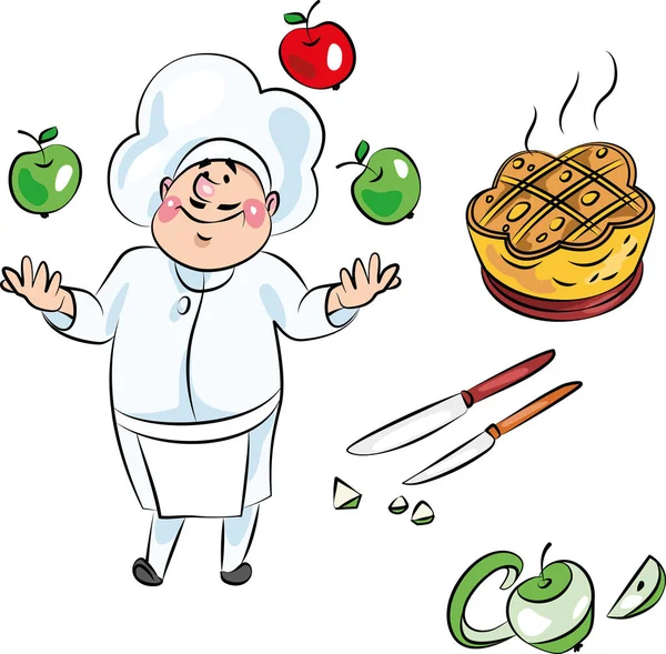Koch Jongliert Mit Äpfeln Apfelkuchen — Stockvektor