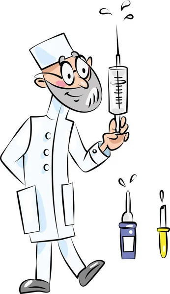 Doktor bir şırınga elinde tutuyor.