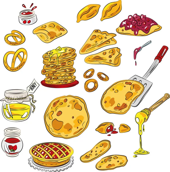 煎饼果酱蜂蜜百吉饼烘焙成组的食物 — 图库矢量图片