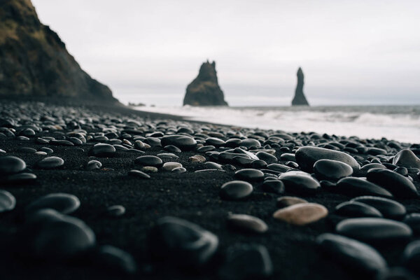 Stones on a black beach in Icelan