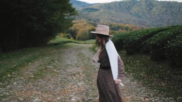 A girl in a brown dress walks through tea plantations — 비디오