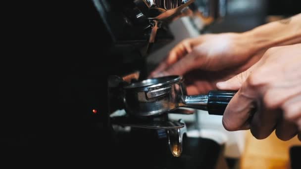 Крупный план шлифовального кофе бариста — стоковое видео