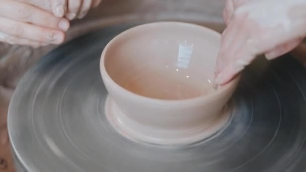 Mester som lærer ei lita jente keramikkunsten. nærbilde – stockvideo