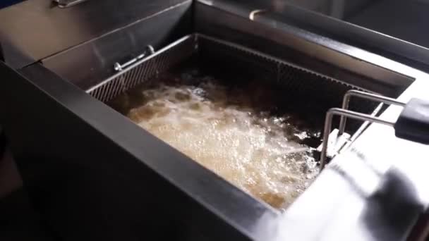 감자튀김을 곁들인 프라이어, 클로즈업. 기름이 끓는다 — 비디오
