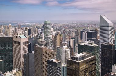 New York şehrinin günbatımı havadan görünümü 