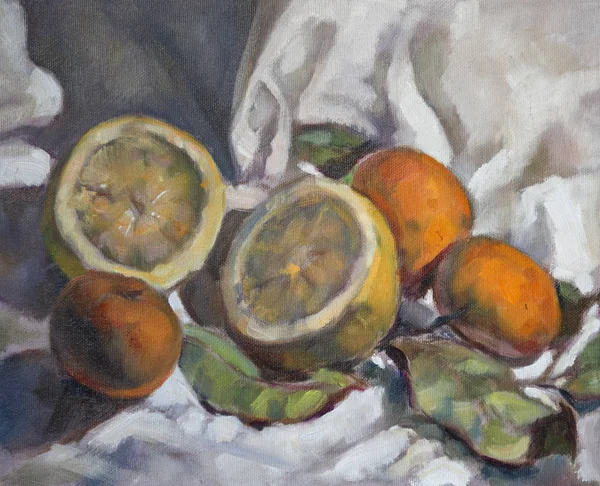 Pintura al óleo sobre lienzo de una composición de frutas —  Fotos de Stock