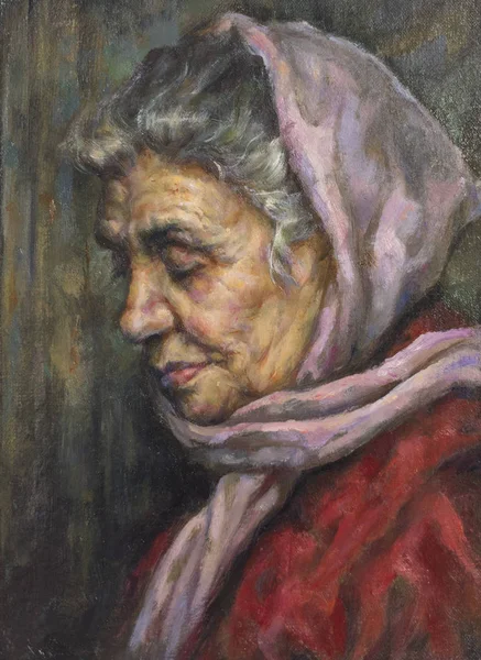 Oil portrait of a grandmother with her scarf — Stock Photo, Image