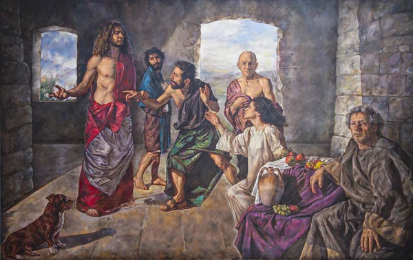 Olieverf schilderij op doek van een religieuze scène Stockfoto