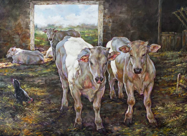 Peinture à l'huile sur toile d'une écurie et sa vache — Photo