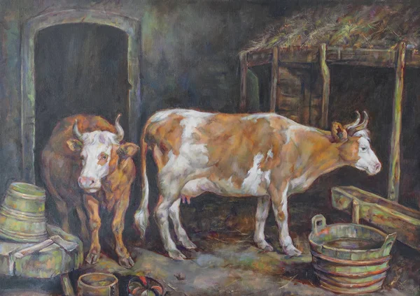 Pintura a óleo sobre tela de um estábulo e sua vaca — Fotografia de Stock