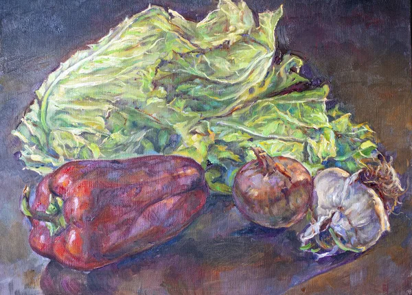 Pintura Óleo Sobre Lienzo Una Composición Frutas Hortalizas —  Fotos de Stock