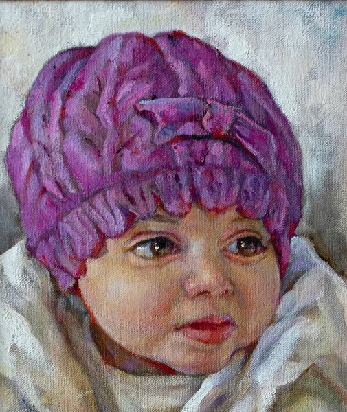 Oil Canvas Portrait One Year Old Girl — Stock Photo, Image