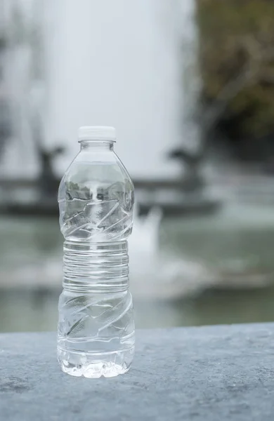 Butelka wody mineralnej i fountan — Zdjęcie stockowe