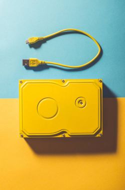 Blue colour hard disc and yellow USB cable clipart
