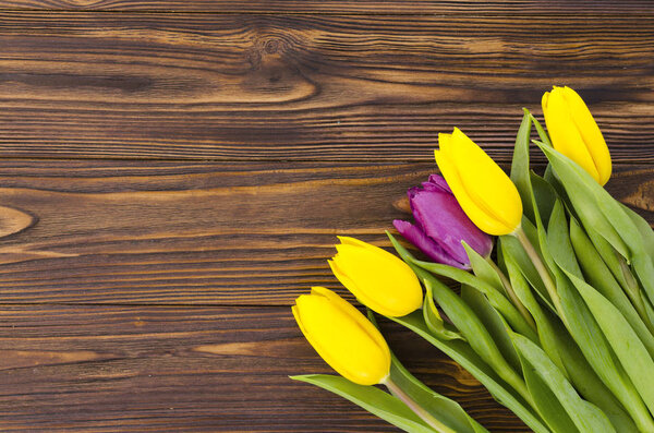  beautiful yellow tulips on wooden background