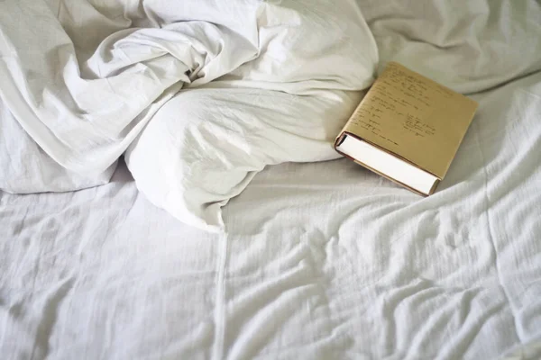 用一天的时间 用白色毛毯在床上看书 — 图库照片