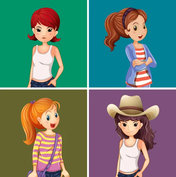 रंग पृष्ठभूमि पर चार लड़कियों — स्टॉक वेक्टर