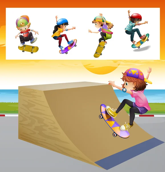 Kids playing skatboard on the ramp — Stock Vector