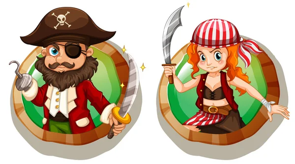 Pirates masculins et féminins sur les badges — Image vectorielle