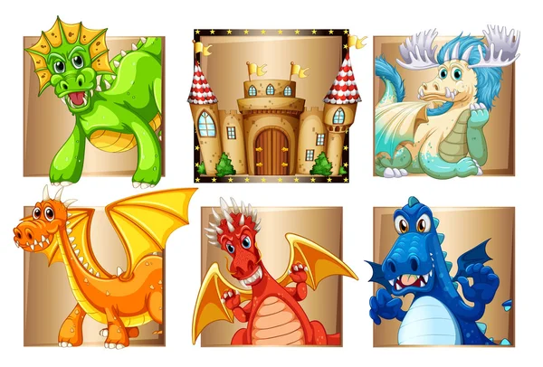 Palacio y muchos dragones — Vector de stock