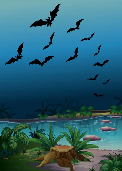 Σκηνή με νυχτερίδες που πετούν πάνω από τη λίμνη — Διανυσματικό Αρχείο