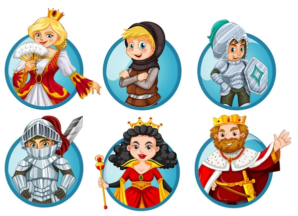 Diferentes personagens de contos de fadas no emblema redondo —  Vetores de Stock