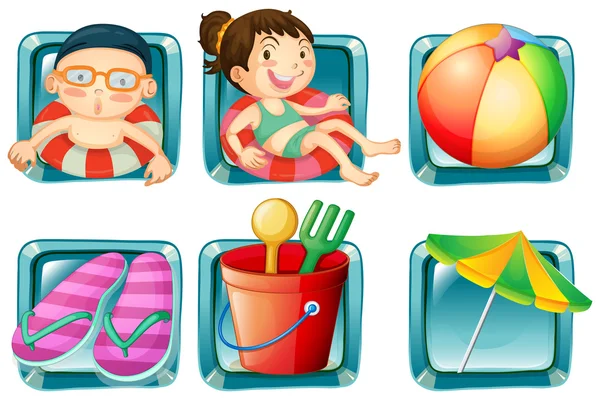 Kids and beach objects square badges — Stock Vector