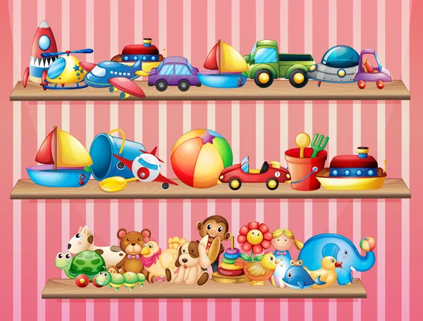 Étagères pleines de jouets différents — Image vectorielle