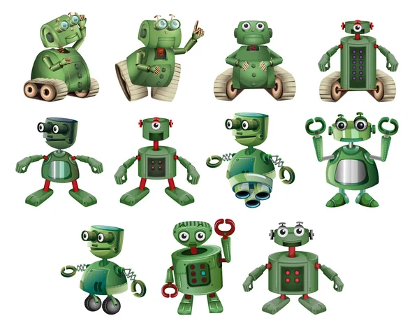 Groene robots in verschillende acties — Stockvector