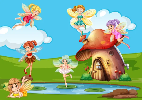 Many fairies flying over the pond — Stock Vector