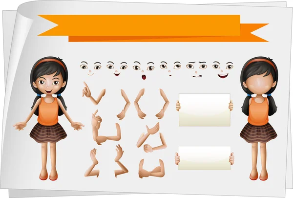 女孩与面部和手的表达式 — 图库矢量图片