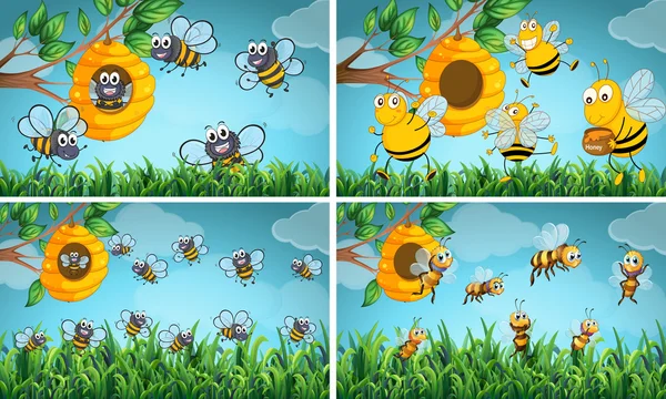 蜜蜂与蜂箱的场景 — 图库矢量图片