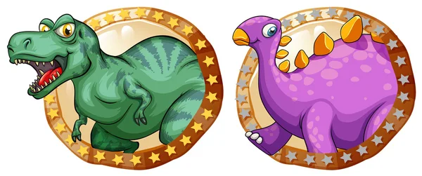 Two dinosaurs on round badges — Stock Vector