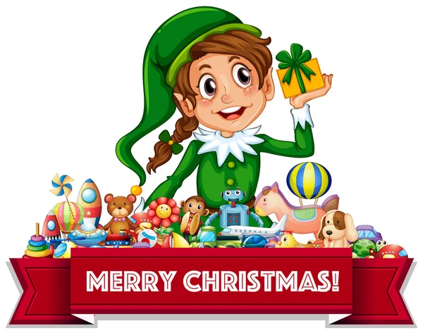 Merry Christmas sign with elf and toys — Stock Vector