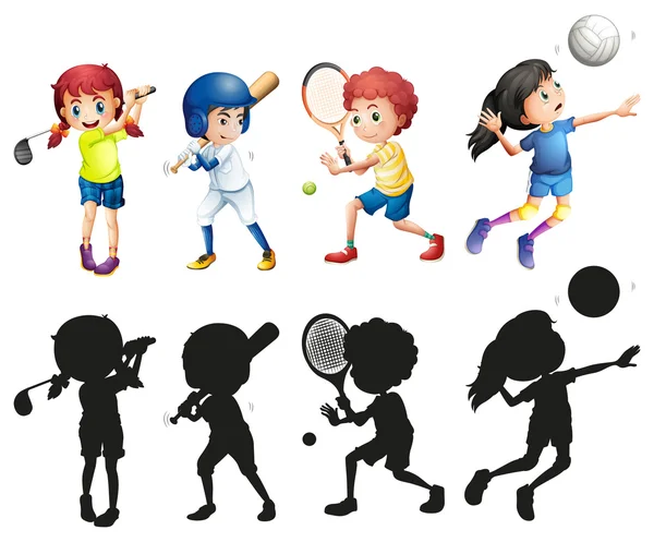 Niños y niñas haciendo deportes — Vector de stock