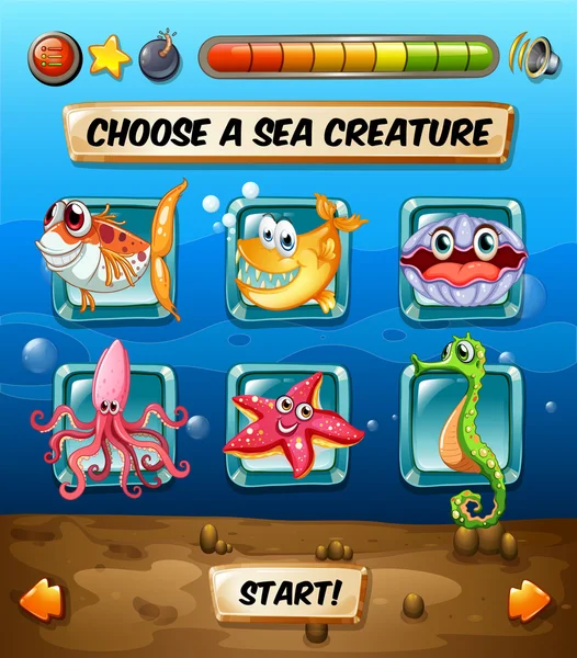 Computer game template with underwater scene — Stock Vector