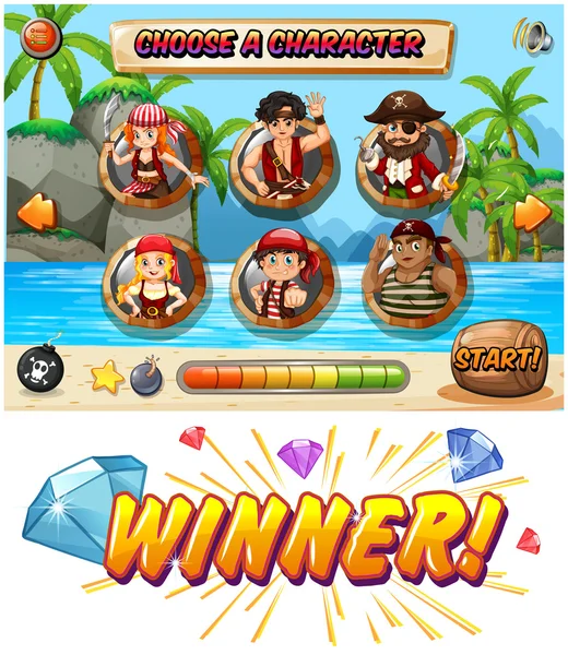 Plantilla de juego de tragaperras con personajes piratas — Vector de stock