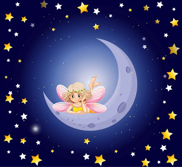 かわいい妖精と空に月 — ストックベクタ