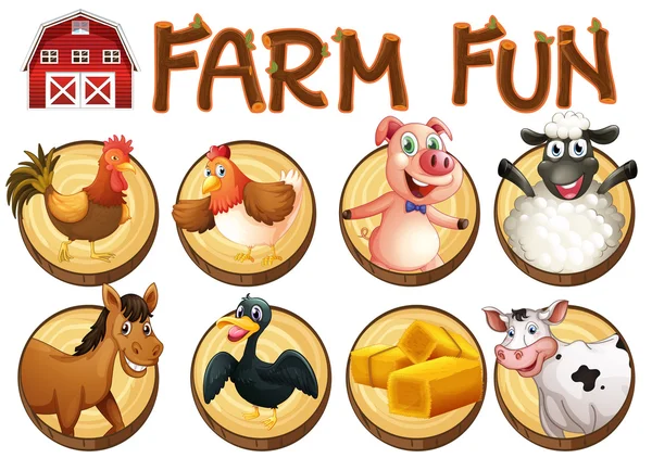 Farm animals on round buttons — Stock Vector