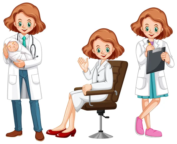 Vrouwelijke arts in verschillende acties — Stockvector
