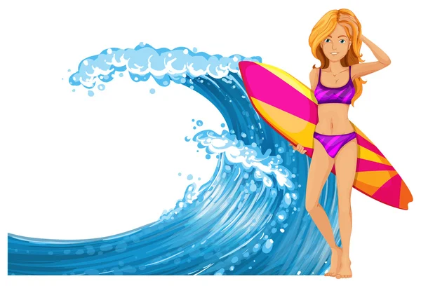 Mujer y tabla de surf por las olas — Vector de stock