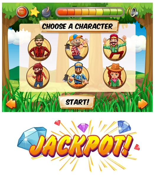 Slot παιχνίδι πρότυπο με ξυλεία jack χαρακτήρες — Διανυσματικό Αρχείο