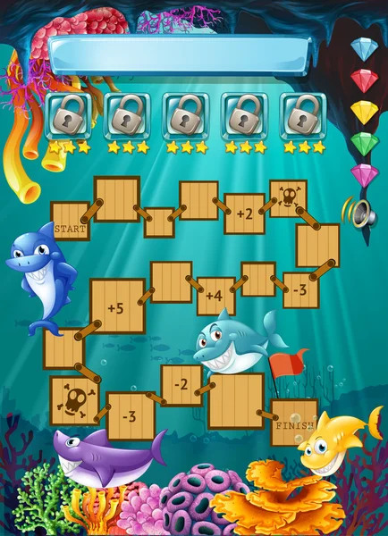 水中でサメとコンピューター ゲームのテンプレート — ストックベクタ