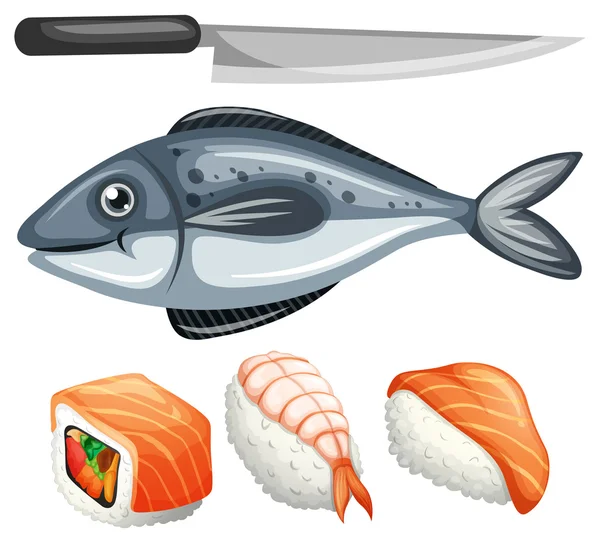 Sushi set med rå fisk och kniv — Stock vektor