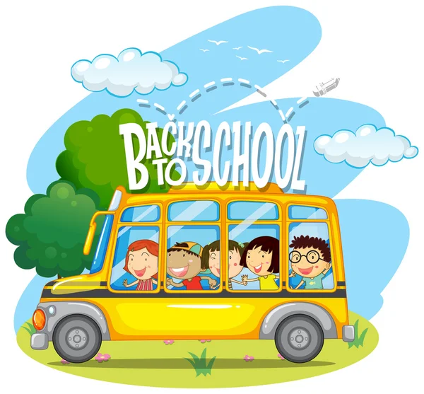 Niños montando en autobús escolar amarillo — Vector de stock