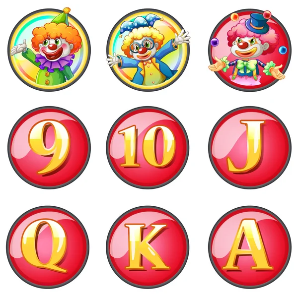 Jesters and letters on round badges — Stock Vector