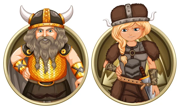 Viking male and female on round badge — Stock Vector