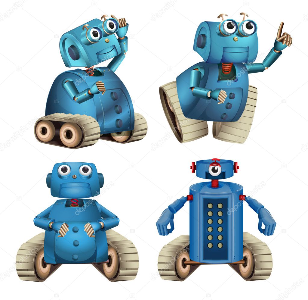 Blue robots doing different things