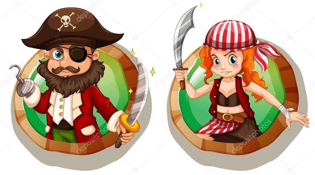 Male and female pirates on badges