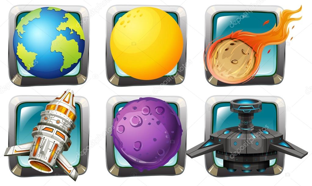 Spaceship and planets on square badges